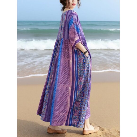 Women Summer Dress Plus Size Boho Floral Loose Fit with Pockets Purple - Picture 6 of 8